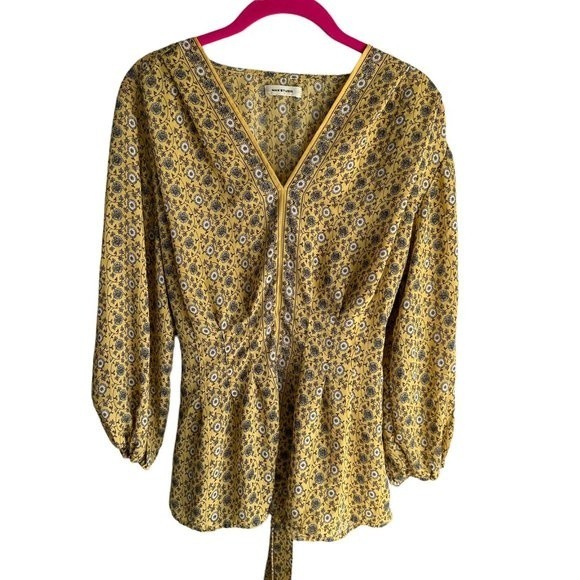 MAX STUDIO Yellow Floral Ladies V-Neck Peasant Boho Career Blouse, S - Picture 2 of 8